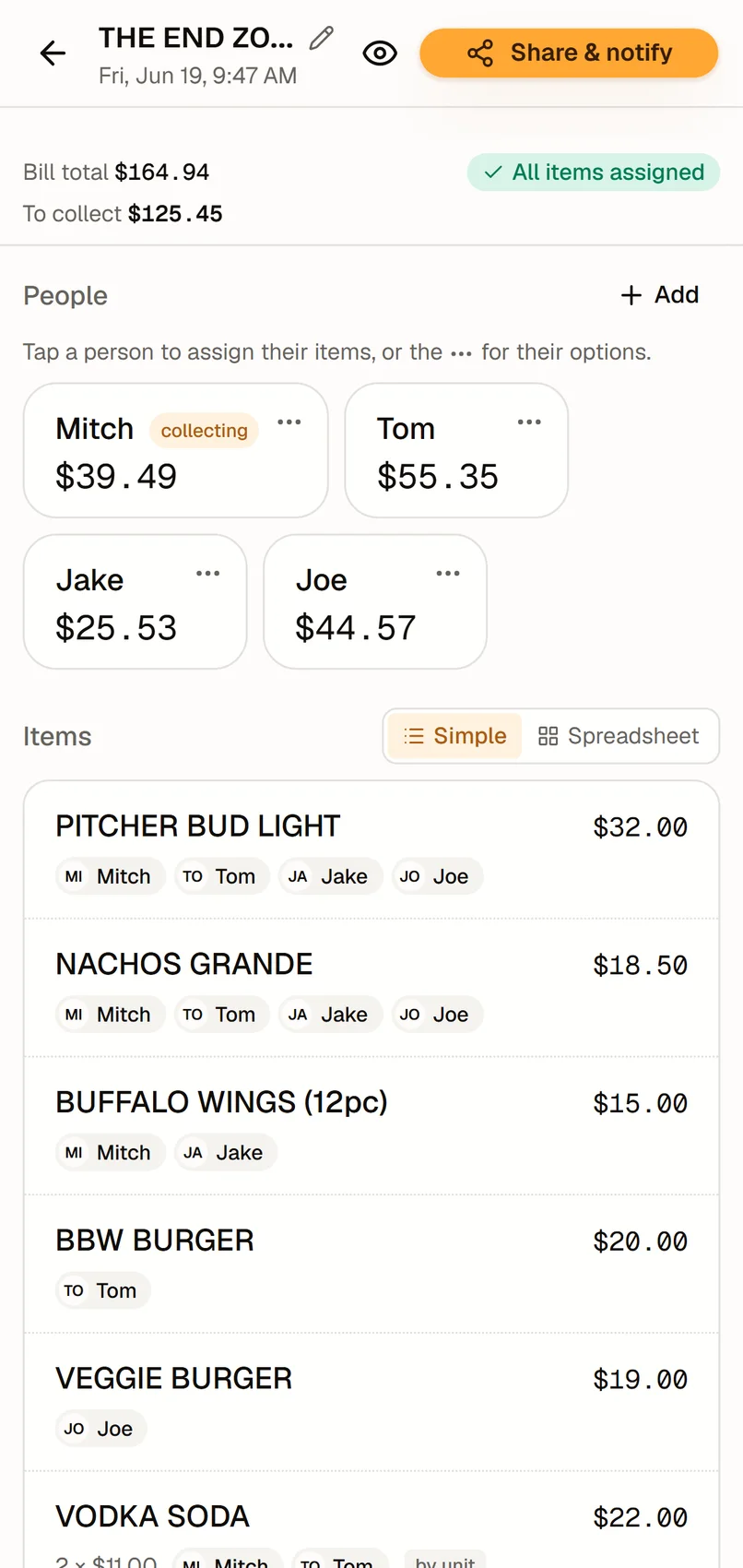 Assigning each drink to whoever ordered it in Tab Tender, so everyone pays for what they actually had.