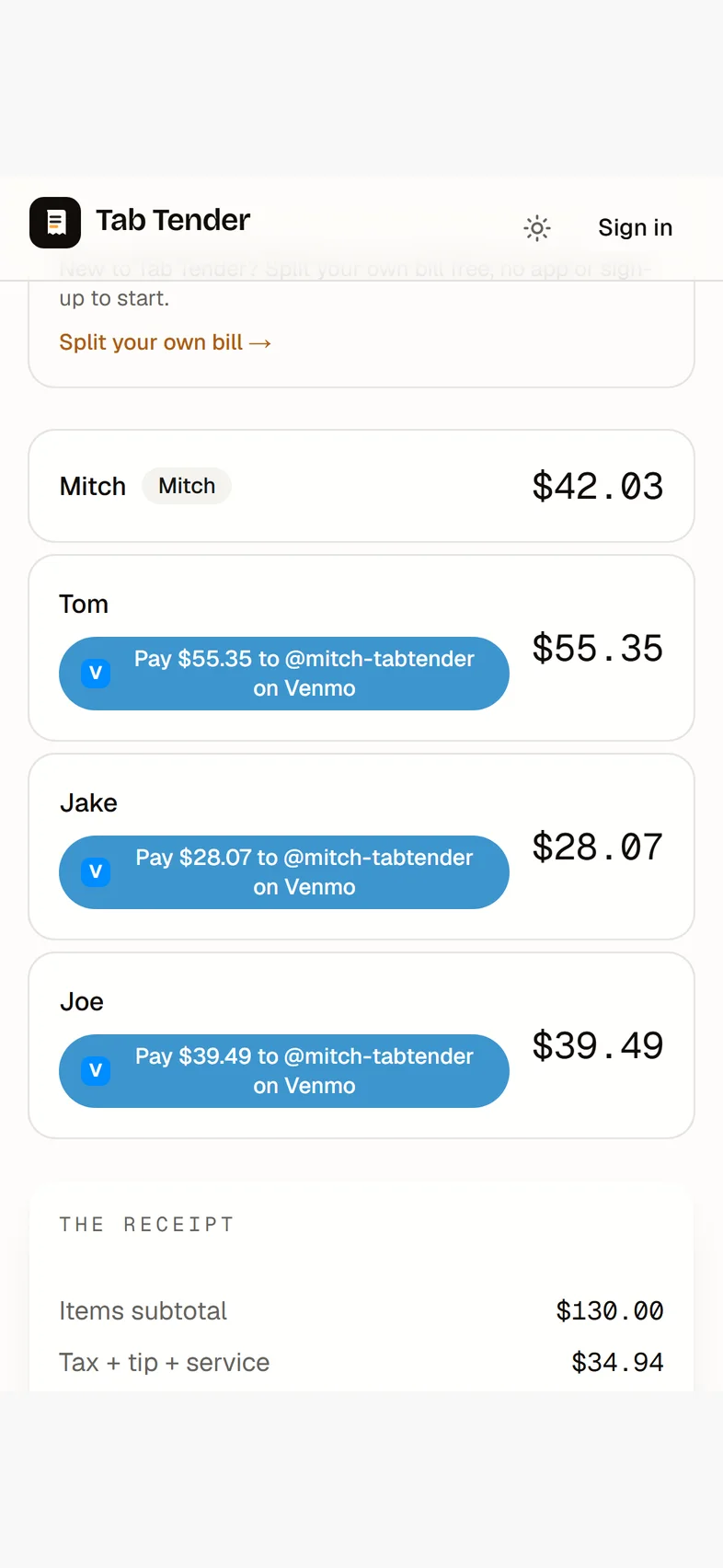 A Tab Tender tab breakdown showing each person's exact share with a tap-to-pay button — what everyone owes at a glance.