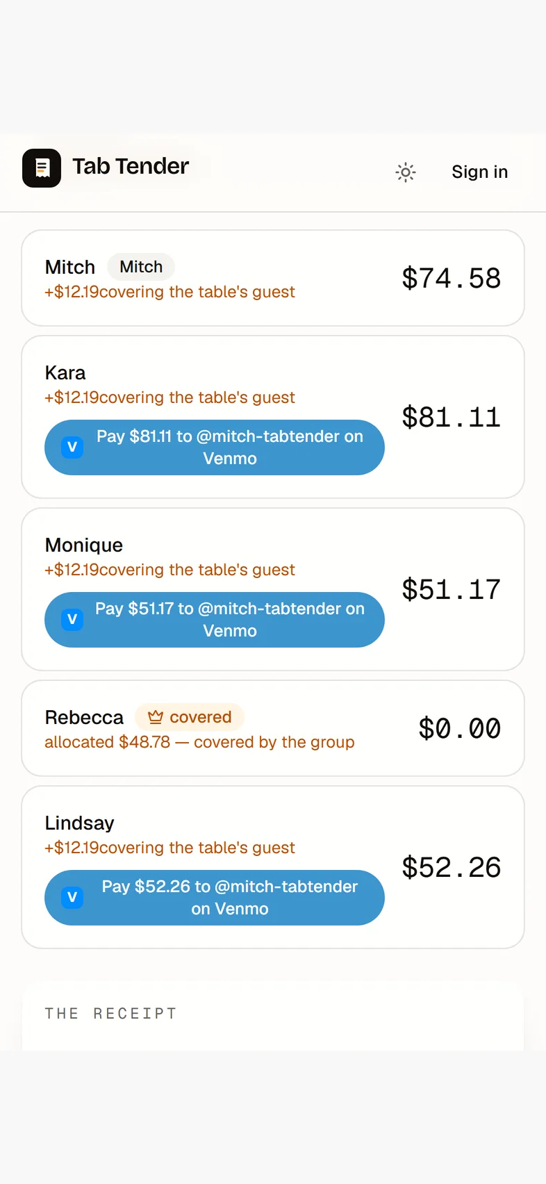 A Tab Tender share page covering the birthday guest — their line shows a crown and $0.00 "covered by the group," while everyone else's amount is bumped up to absorb it, each with a tap-to-pay button.
