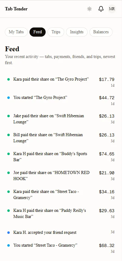 The Tab Tender Feed: a reverse-chronological activity timeline of tabs started and payments confirmed.