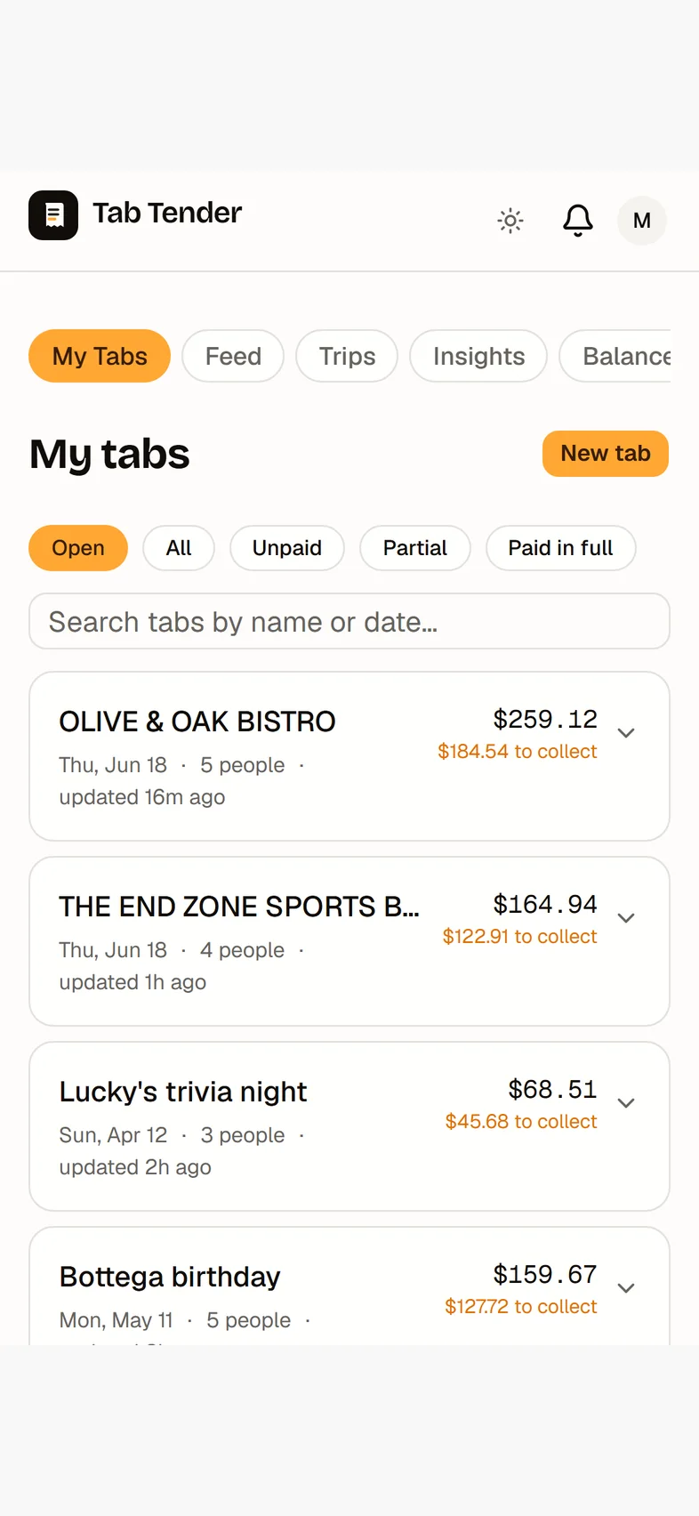 The Tab Tender My Tabs list: every tab you host or joined, each with its total and the amount still to collect, filterable by open, unpaid, partial, or paid.