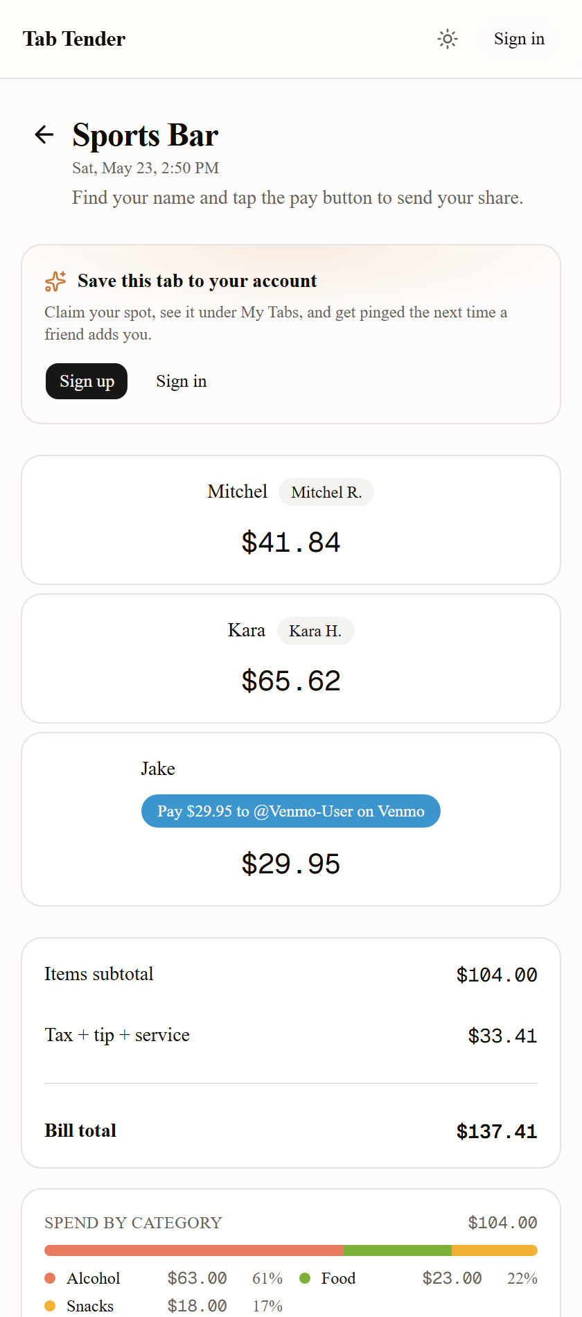 A Tab Tender share page opened from a link — each person sees their exact total and a tap-to-pay button, with no app or account.