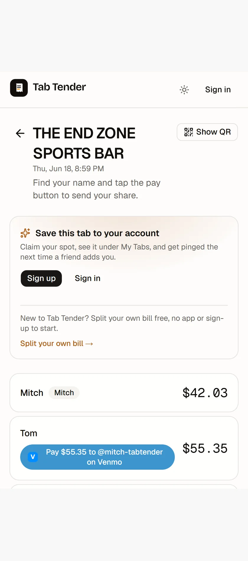 A Tab Tender share page showing each person's exact total with a tap-to-pay button to reimburse the person who covered the bill.