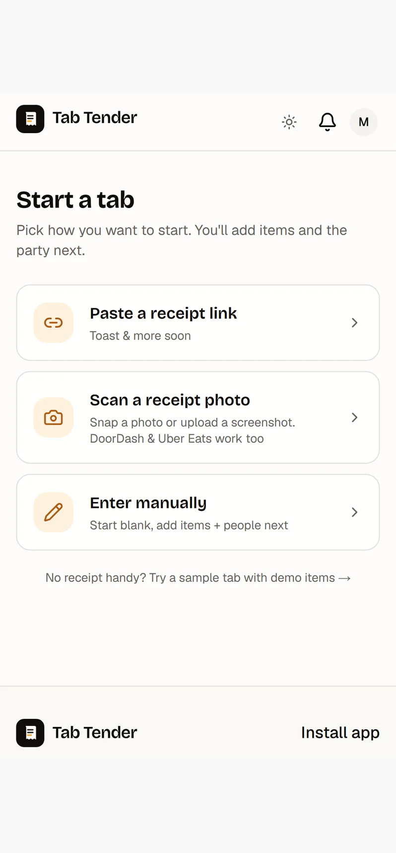 The Tab Tender Start a tab screen with three import options — paste a receipt link, scan a receipt photo, or enter items manually.