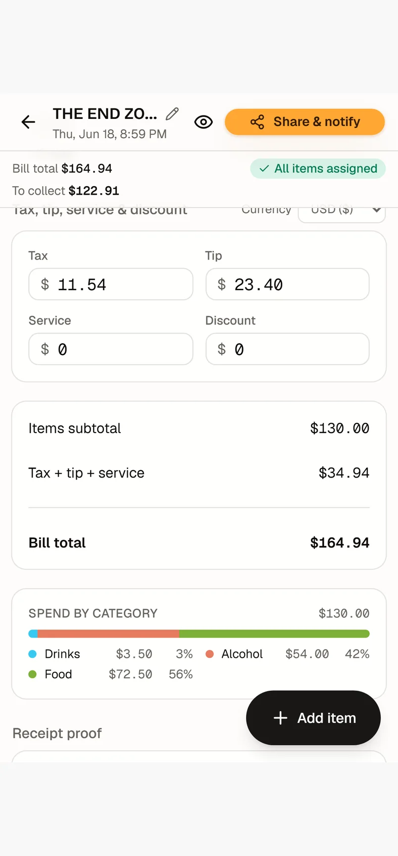 Tab Tender splitting tax and tip proportionally across each person's share of the subtotal.
