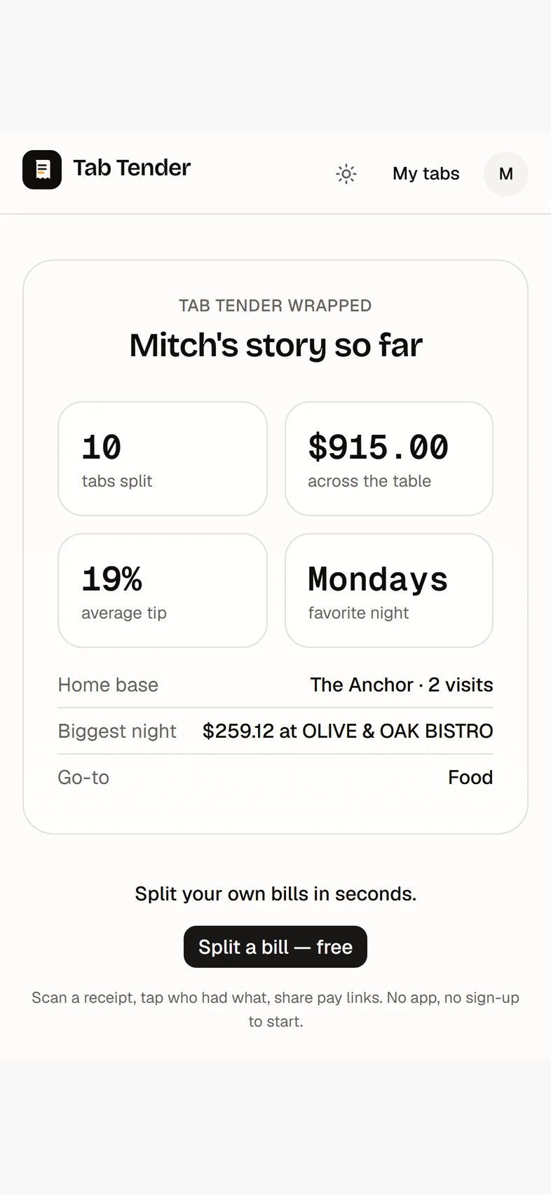 A Tab Tender Wrapped recap card — tabs split, total across the table, average tip, top category, home-base venue, and biggest night — a shareable year-in-review.